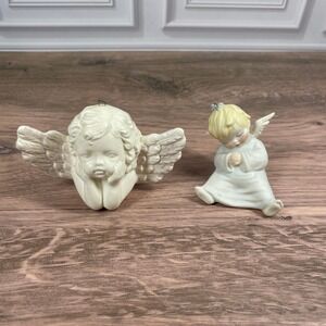 Vintage Ceramic Angel Ornament Set of 2 Holiday Decor Hanging Angelic Cherub